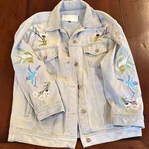7 For All Mankind Light Blue Embroidered Floral and Bird Jean Jacket